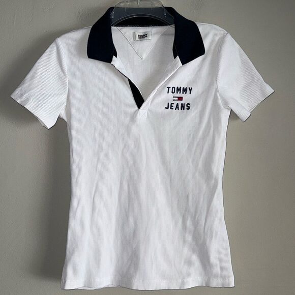 TOMMY HILFIGER TOMMY JEANS RIBBED CROP TOP POLO SHIRT - Picture 1 of 5